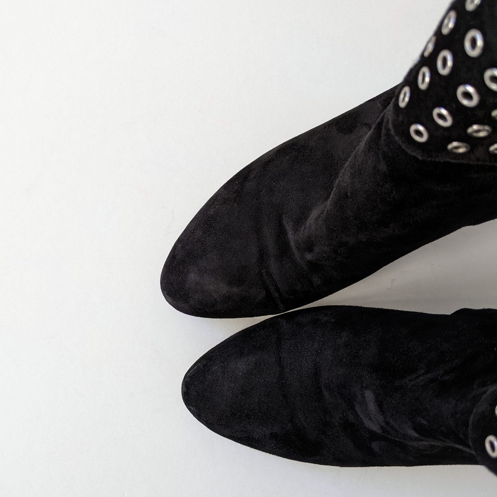 Alaïa Black Suede Grommet Embellished Ruffled Ankle Boots | Size 38.5 - Picture 14 of 16